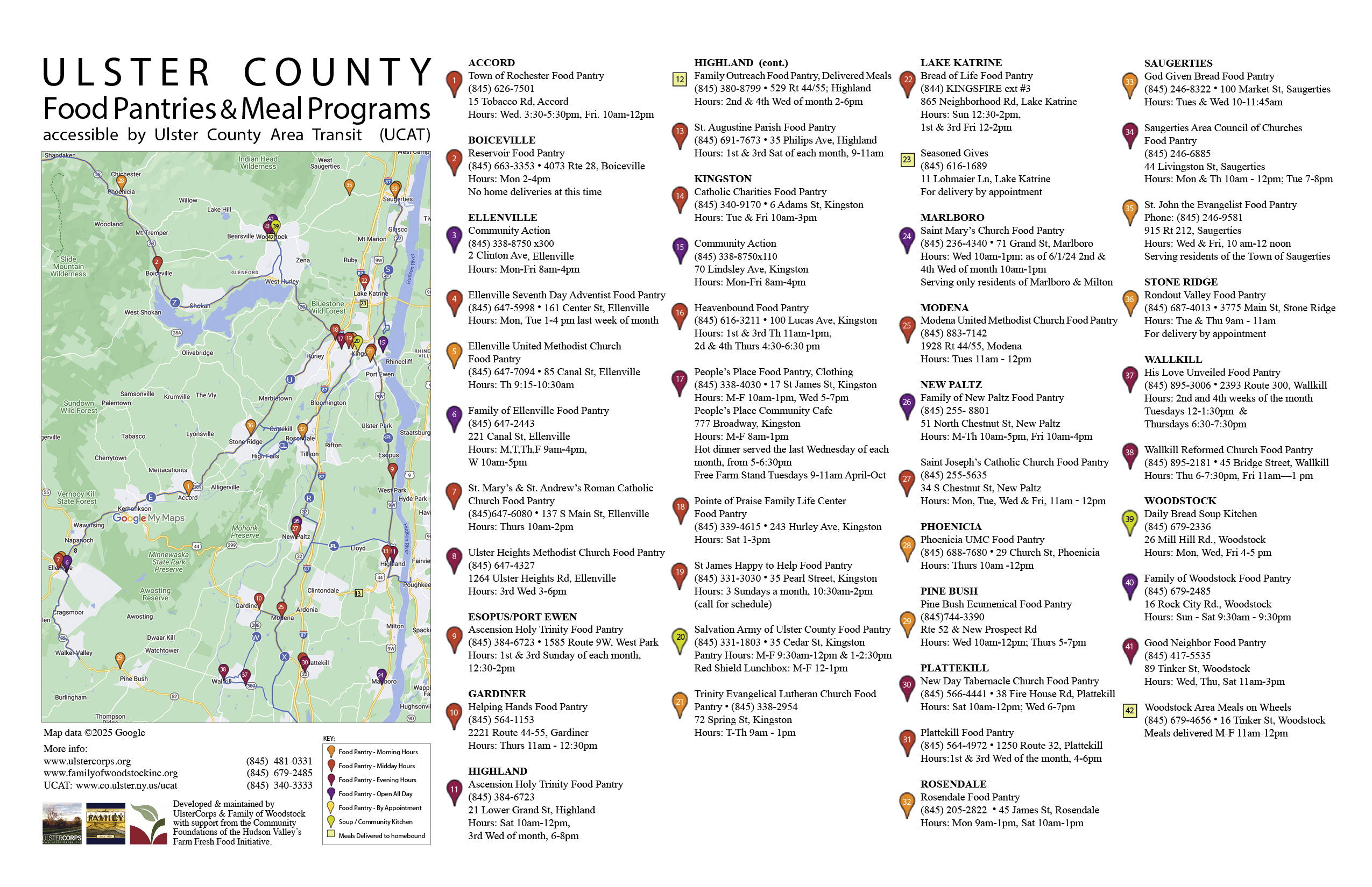 Map of Ulster County Food Pantries, Meal Programs and UCAT bus lines, developed & maintained by UlsterCorps & Family of Woodstock.