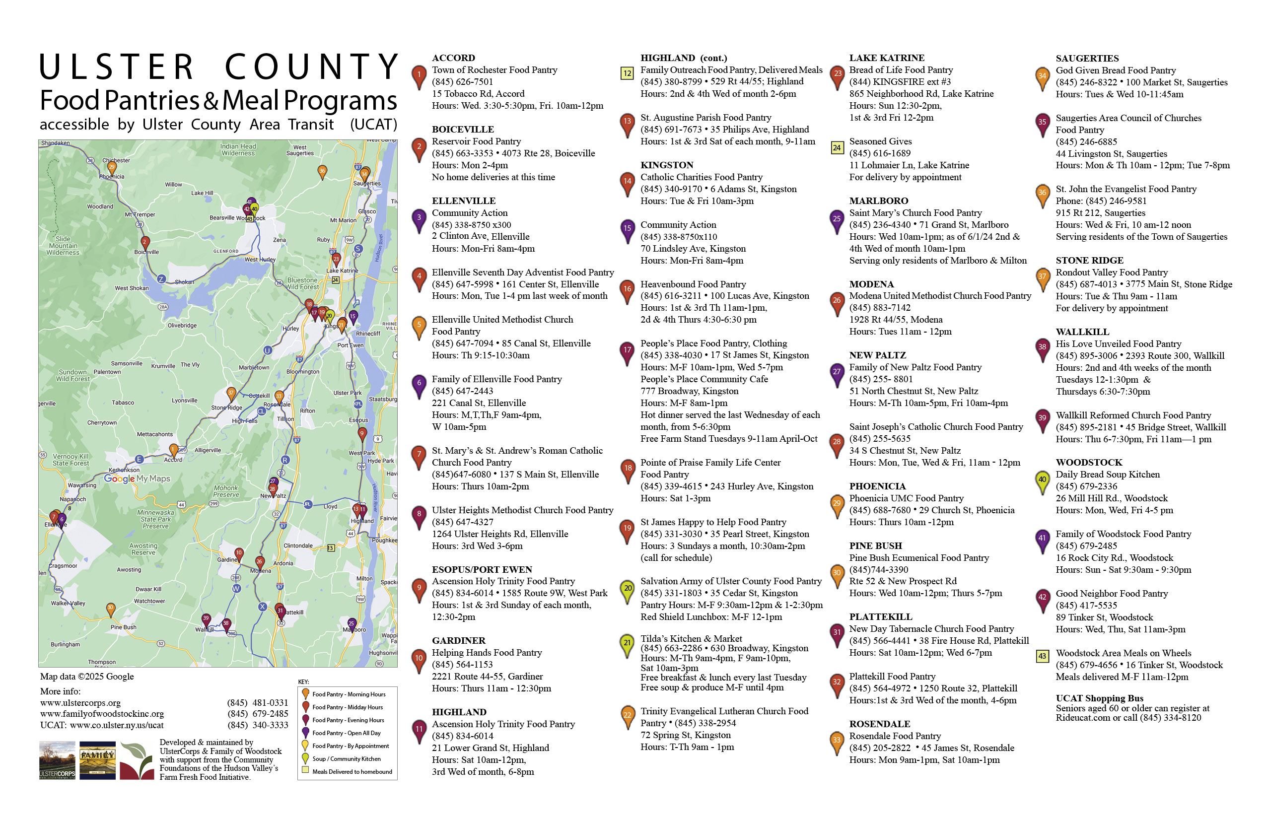 Map of Ulster County Food Pantries, Meal Programs and UCAT bus lines, developed & maintained by UlsterCorps & Family of Woodstock.