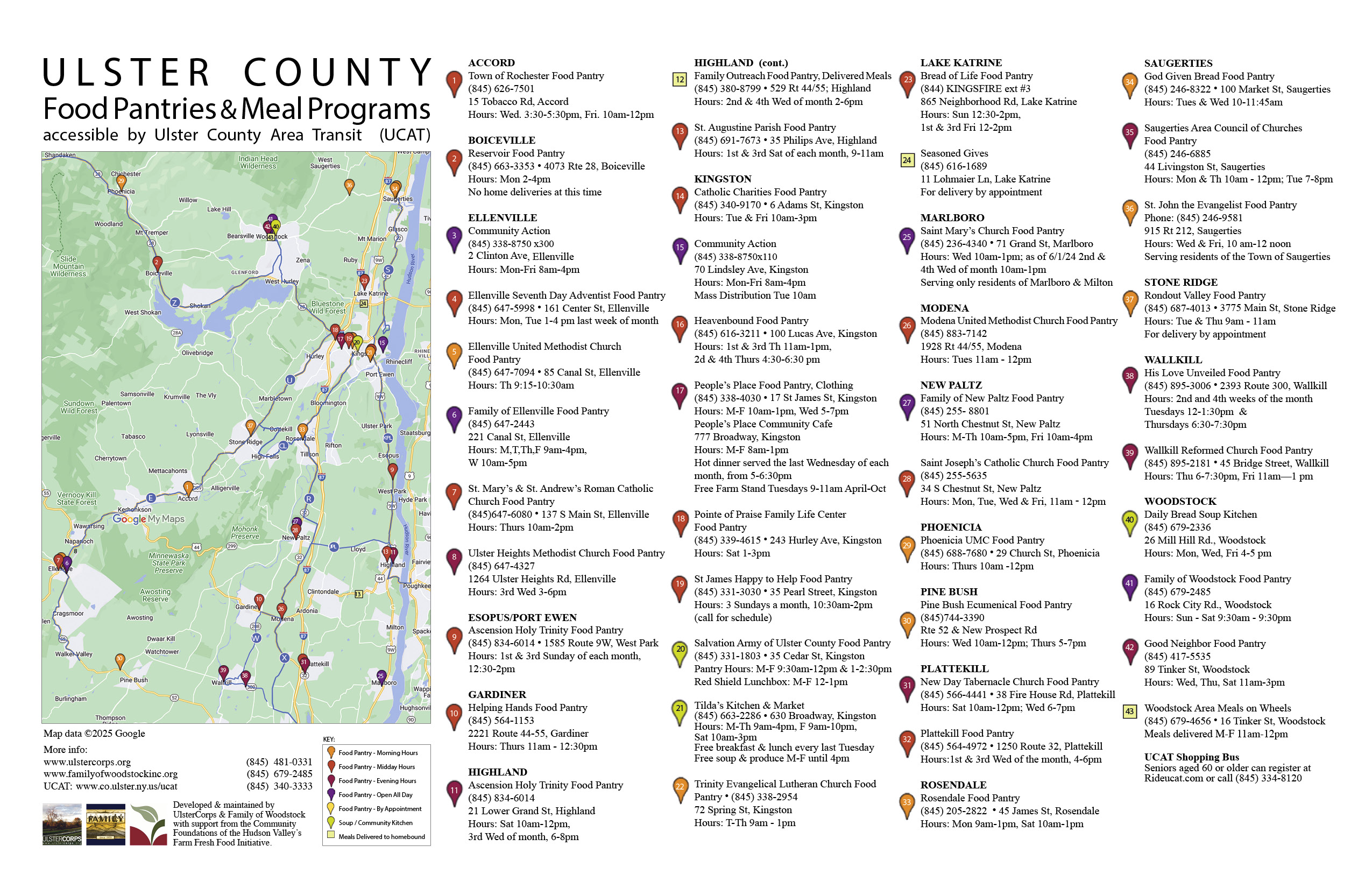 Map of Ulster County Food Pantries, Meal Programs and UCAT bus lines, developed & maintained by UlsterCorps & Family of Woodstock.