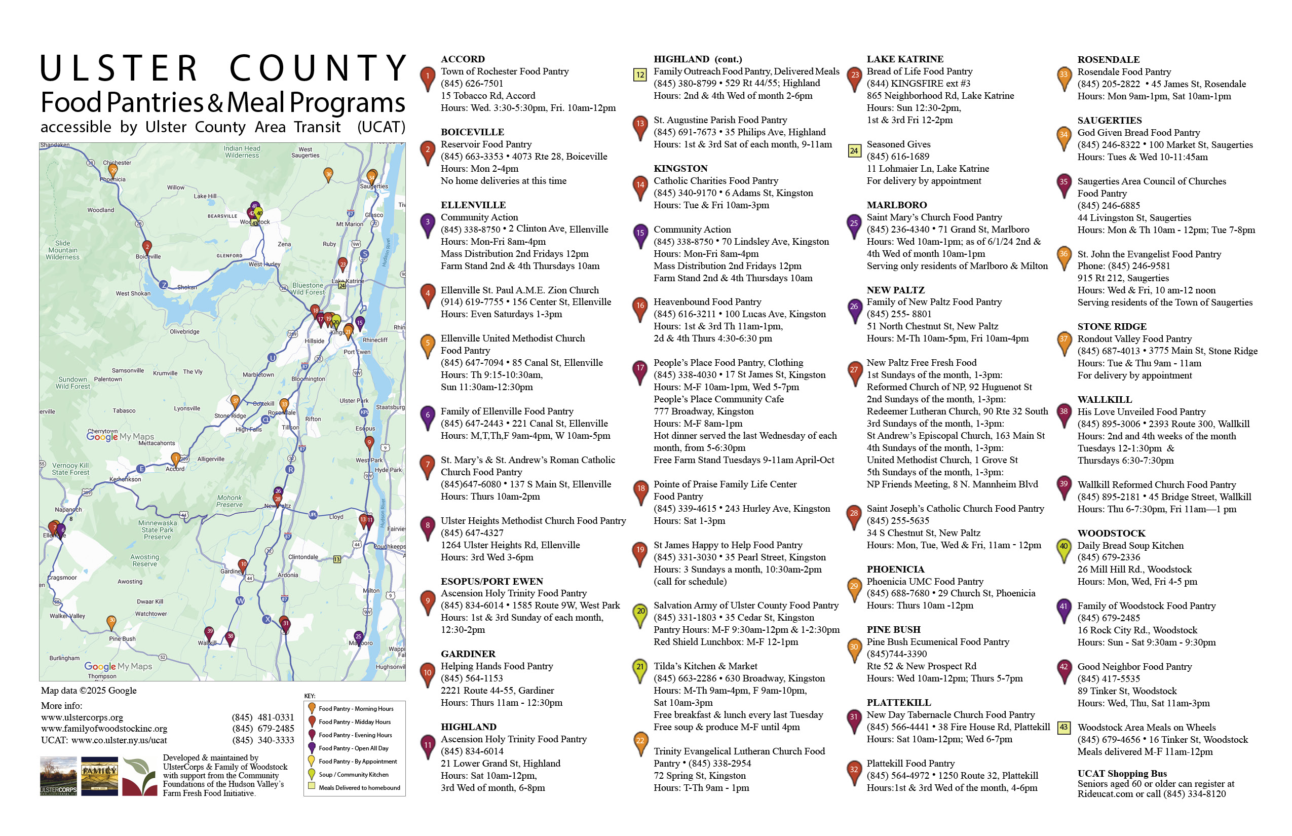 Map of Ulster County Food Pantries, Meal Programs and UCAT bus lines, developed & maintained by UlsterCorps & Family of Woodstock.