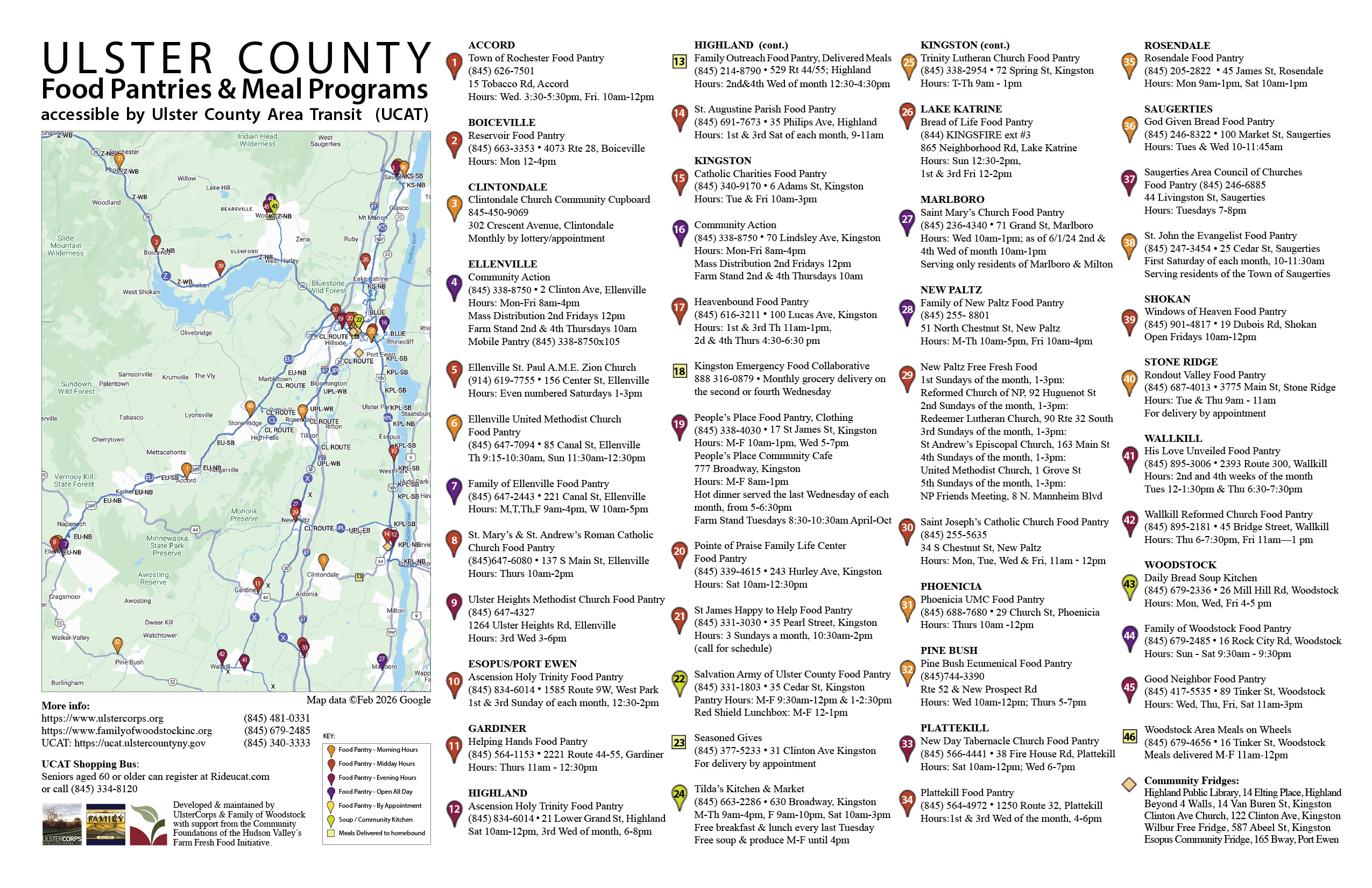 Map of Ulster County Food Pantries, Meal Programs and UCAT bus lines, developed & maintained by UlsterCorps & Family of Woodstock.