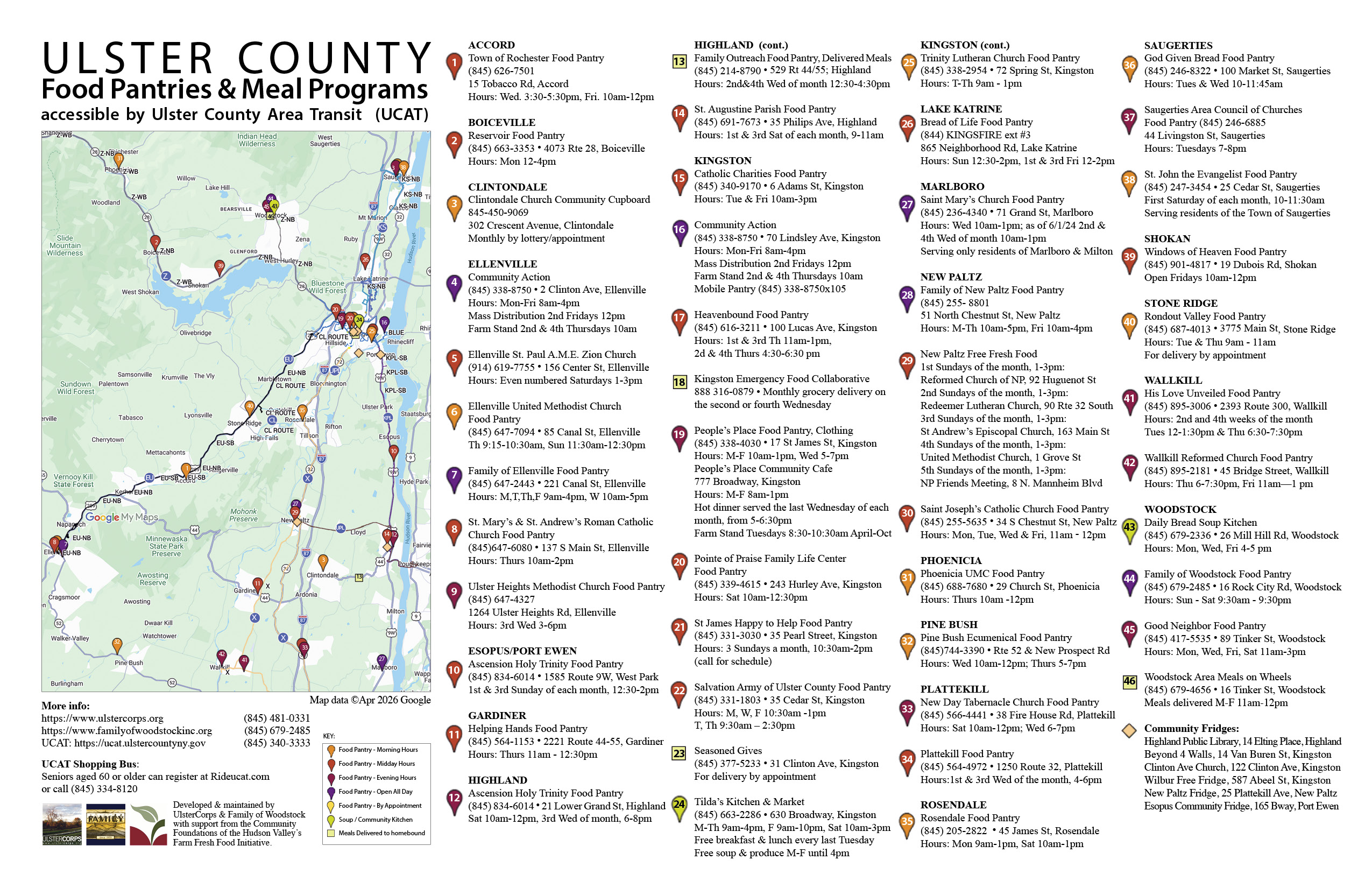 Map of Ulster County Food Pantries, Meal Programs and UCAT bus lines, developed & maintained by UlsterCorps & Family of Woodstock.