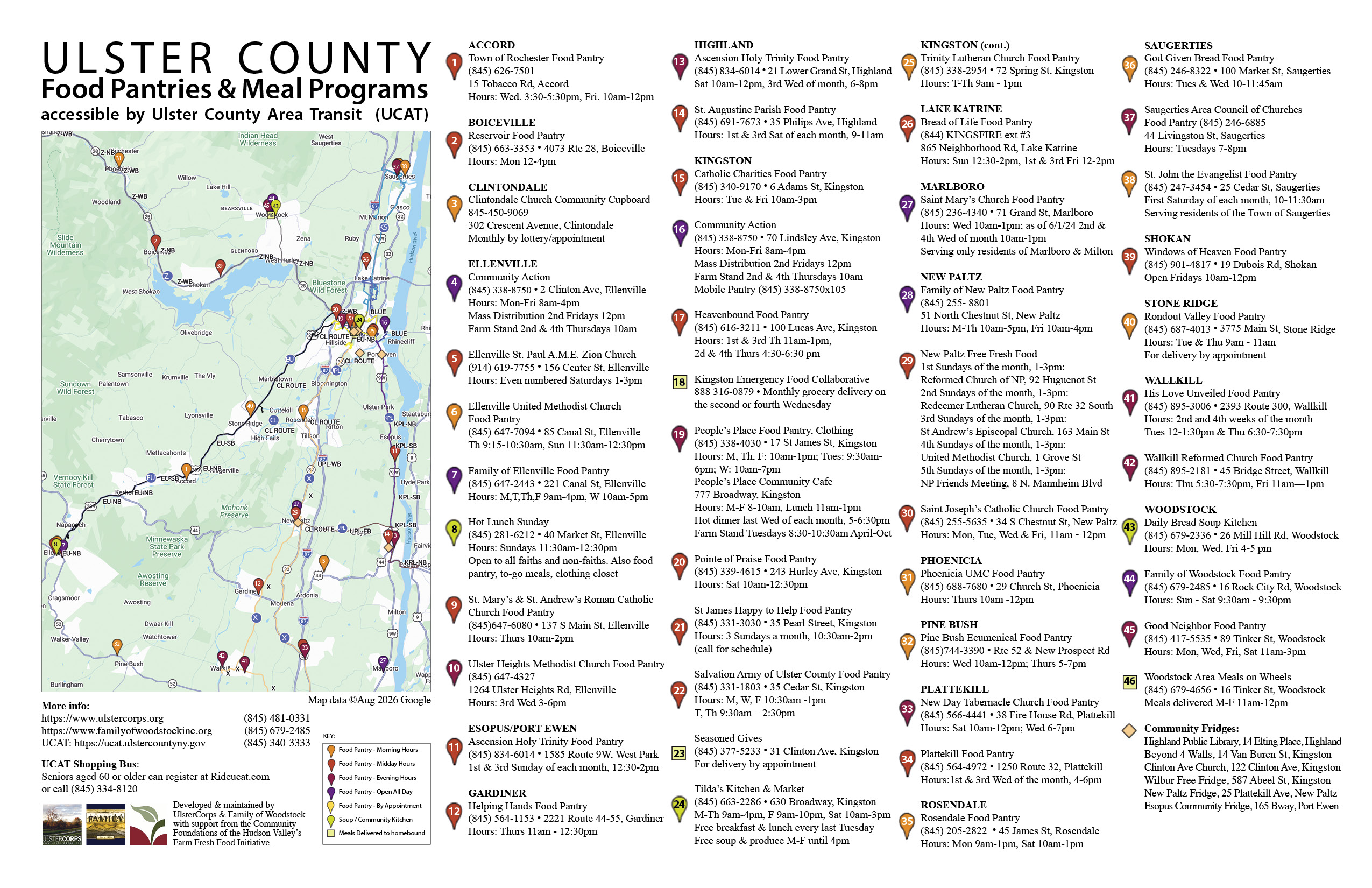 Map of Ulster County Food Pantries, Meal Programs and UCAT bus lines, developed & maintained by UlsterCorps & Family of Woodstock.